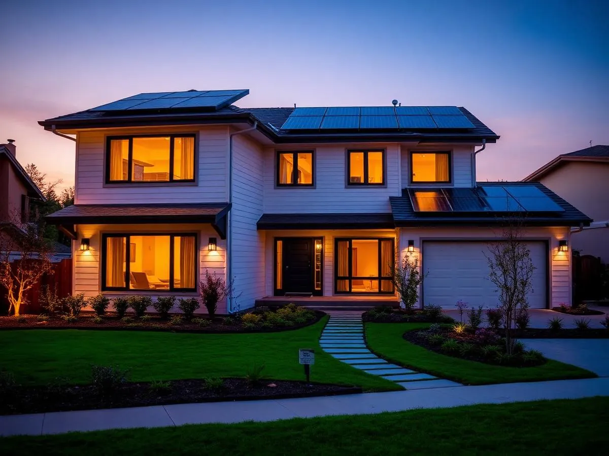 Modern home with full rooftop solar at dusk