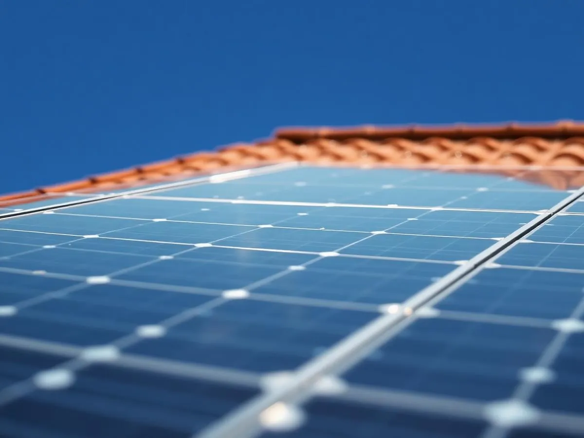 Close-up of solar panel array on tile roof